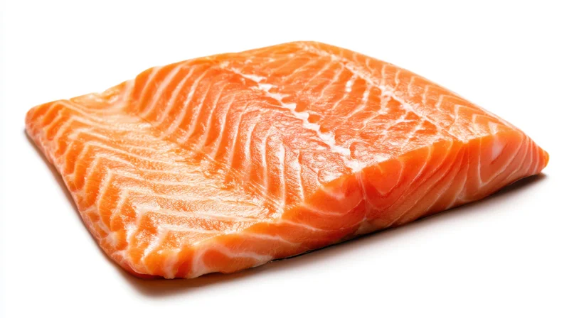 Close-up of a raw salmon fillet with visible marbling on a white background