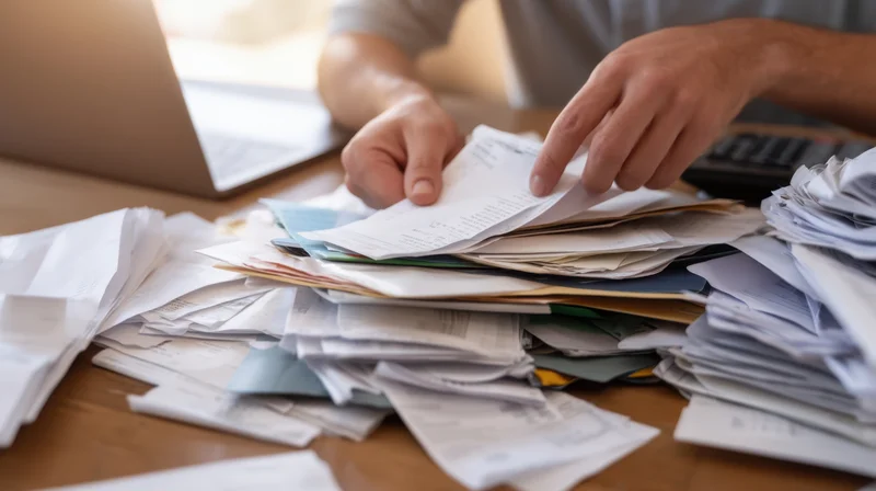 Hands sorting through a pile of receipts and bills on a cluttered desk