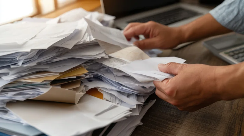 Hands sorting through a stack of receipts and documents on a cluttered office desk