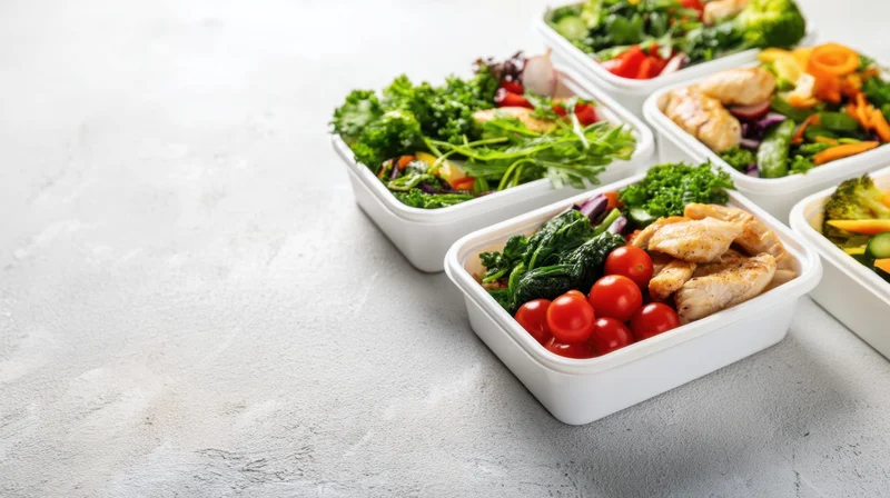 Meal prep containers with chicken and vegetables arranged in a row on a gray countertop with copyspace