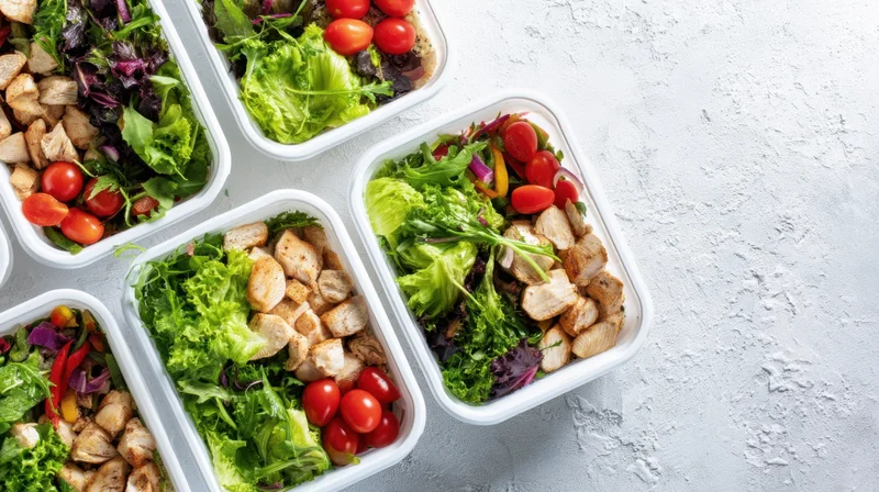 Meal prep containers filled with chicken and salad arranged on a gray countertop