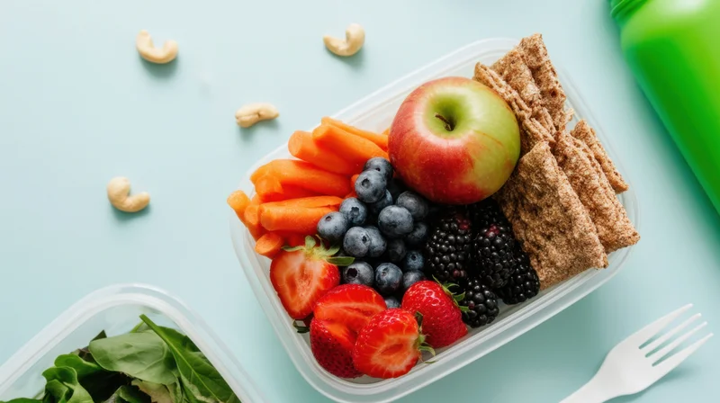 A clear plastic lunchbox filled with colorful healthy snacks including fruit, vegetables, nuts and crackers on a light blue surface
