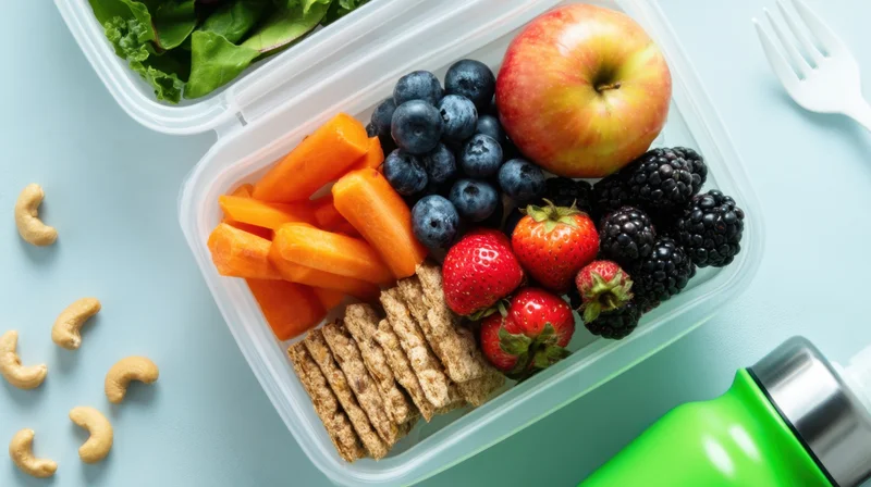A clear plastic lunchbox filled with colorful healthy snacks including fruit, vegetables, crackers and nuts on a light blue surface