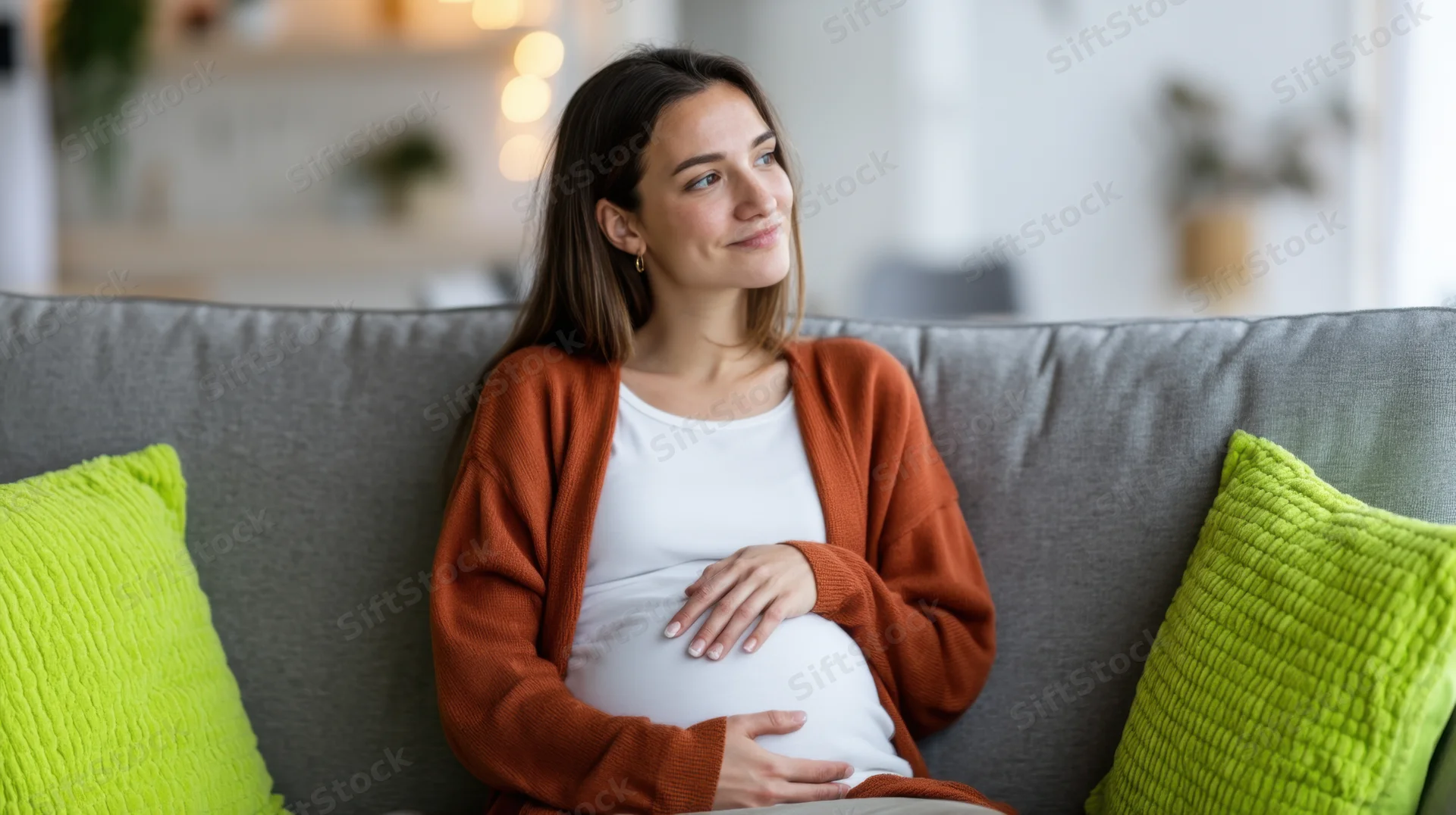Pregnant woman sitting on gray couch with hands on belly, smiling softly in cozy living room