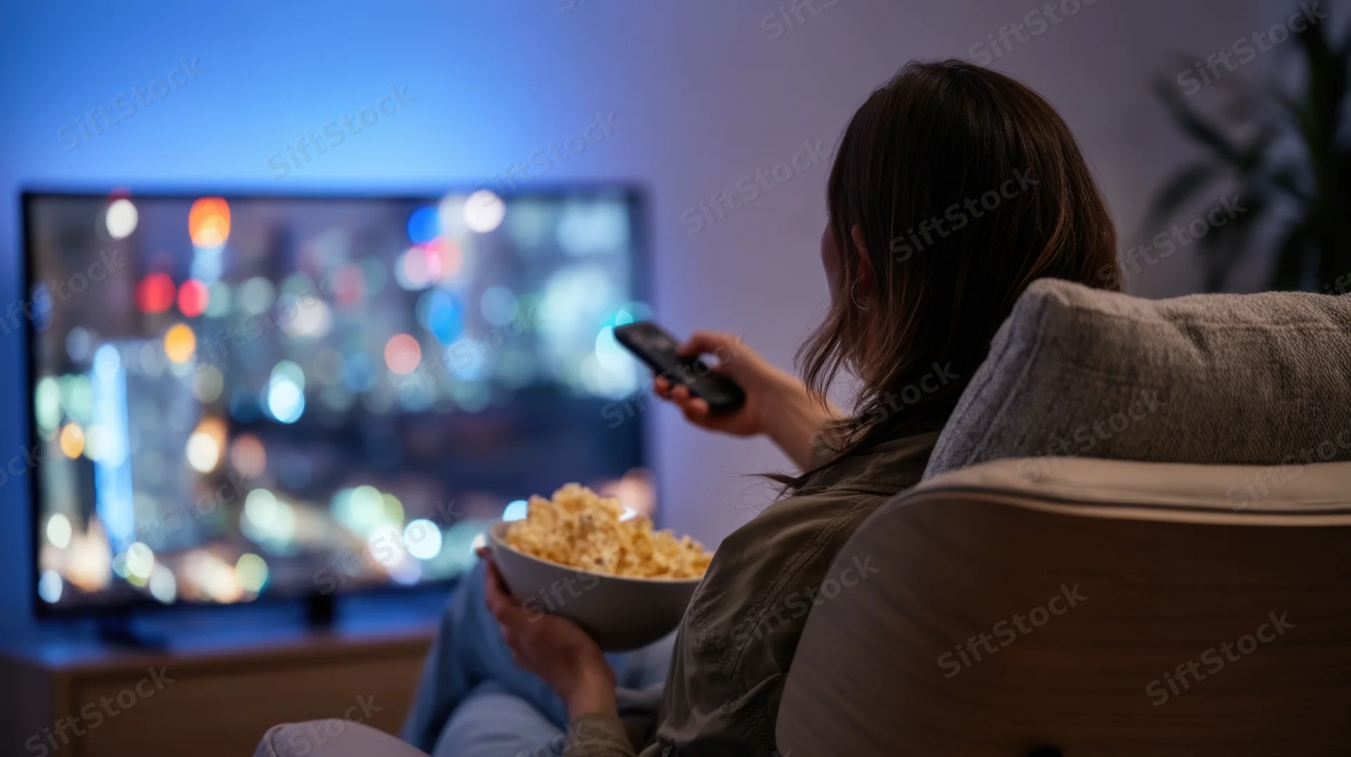 Woman sitting on couch watching television with popcorn and remote in hand