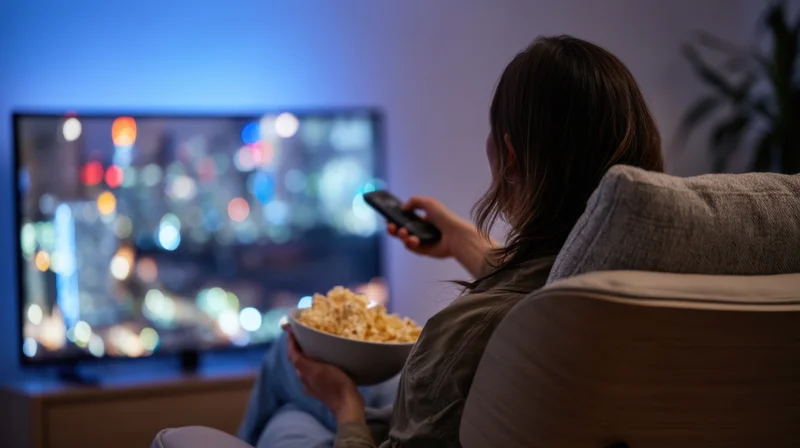 Woman sitting on couch watching television with popcorn and remote in hand