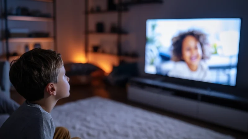 Young boy watching a smiling girl on television screen in cozy living room