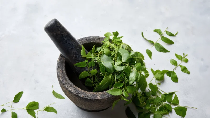 Dark stone mortar and pestle filled with fresh green neem leaves on a light surface