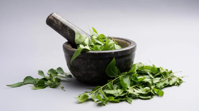 Dark stone mortar and pestle with fresh green neem leaves arranged on white surface