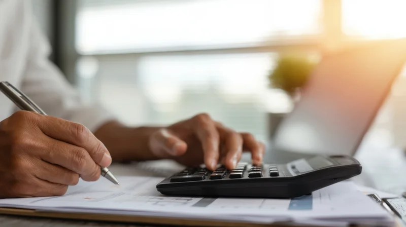 Man using calculator and pen on documents at office desk with laptop and window light