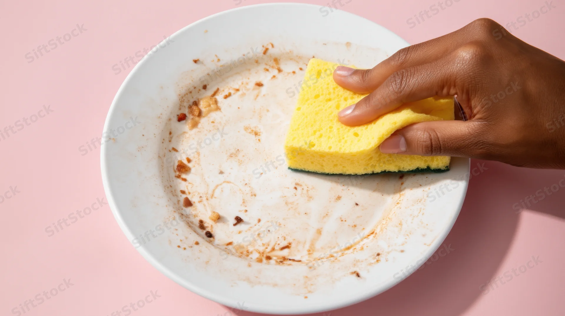 Hand scrubbing a dirty white plate with a yellow sponge on a pink surface