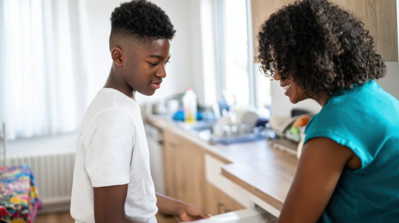 Teenage boy and woman interacting in kitchen while preparing food