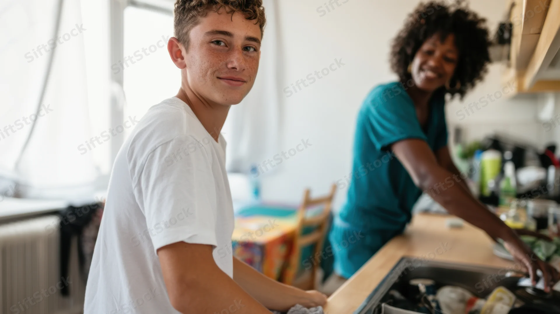 Teenage boy smiling at camera while woman cleans dishes in kitchen