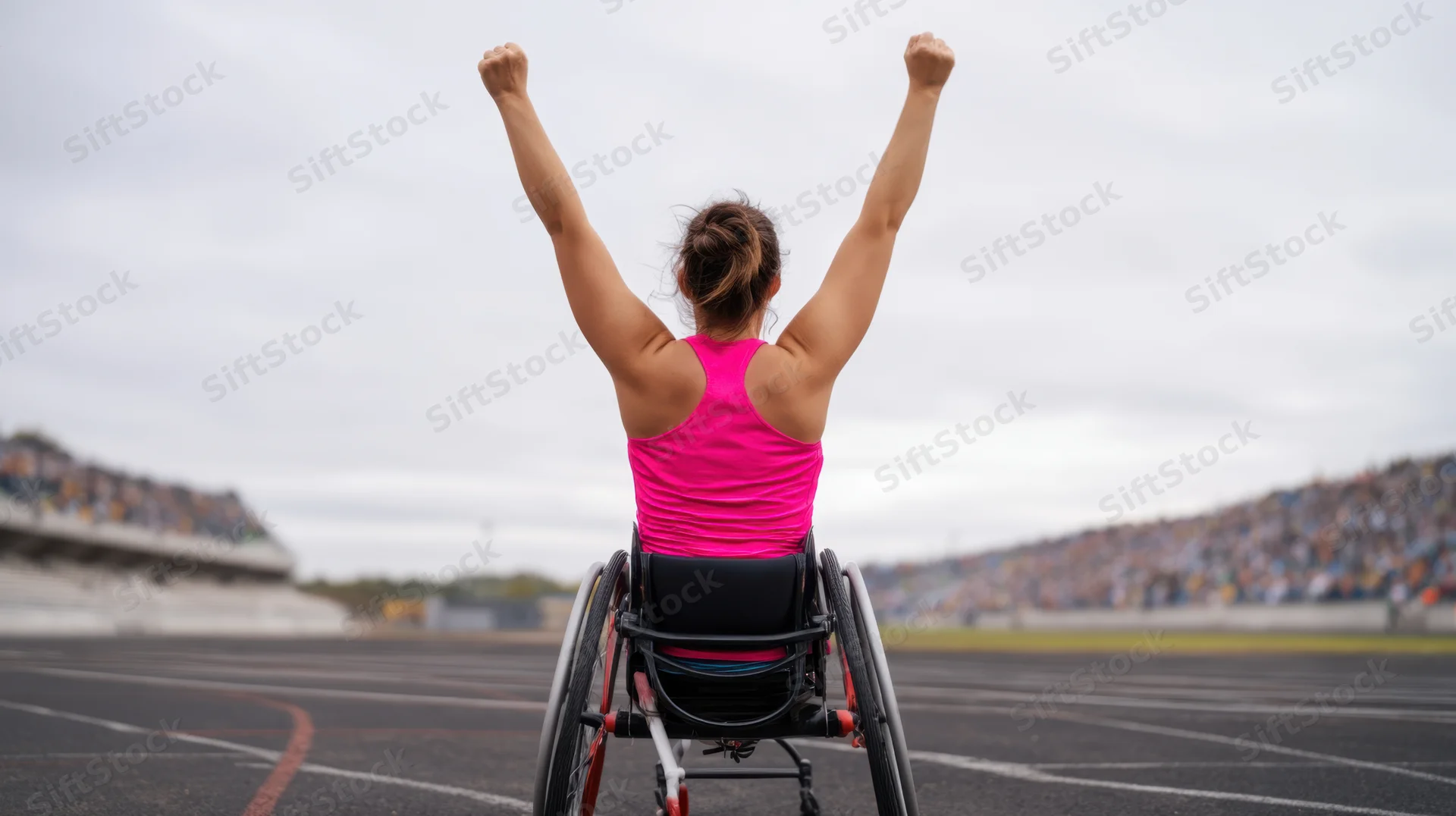 Female athlete in wheelchair raising arms in victory on racing track with stadium crowd in background