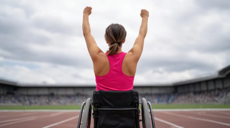 Female athlete in wheelchair raising arms in victory on running track at stadium