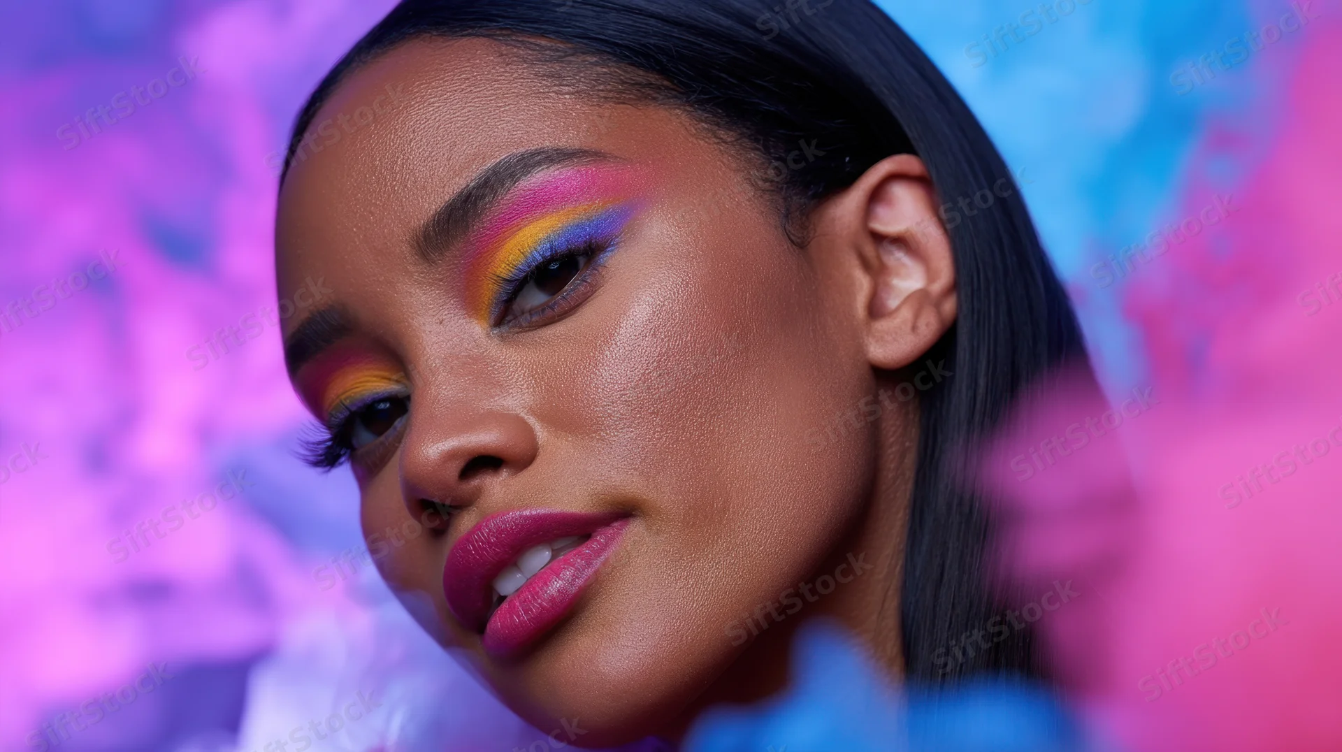 Woman with vibrant rainbow eyeshadow and glossy lips in studio portrait