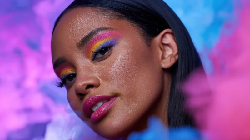 Woman with vibrant rainbow eyeshadow and glossy lips in studio portrait