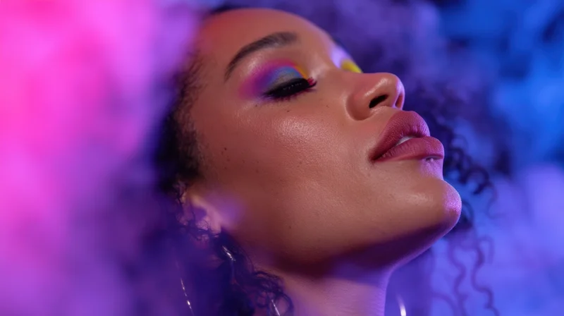 Woman with vibrant rainbow eyeshadow and curly hair under neon lighting in a studio setting