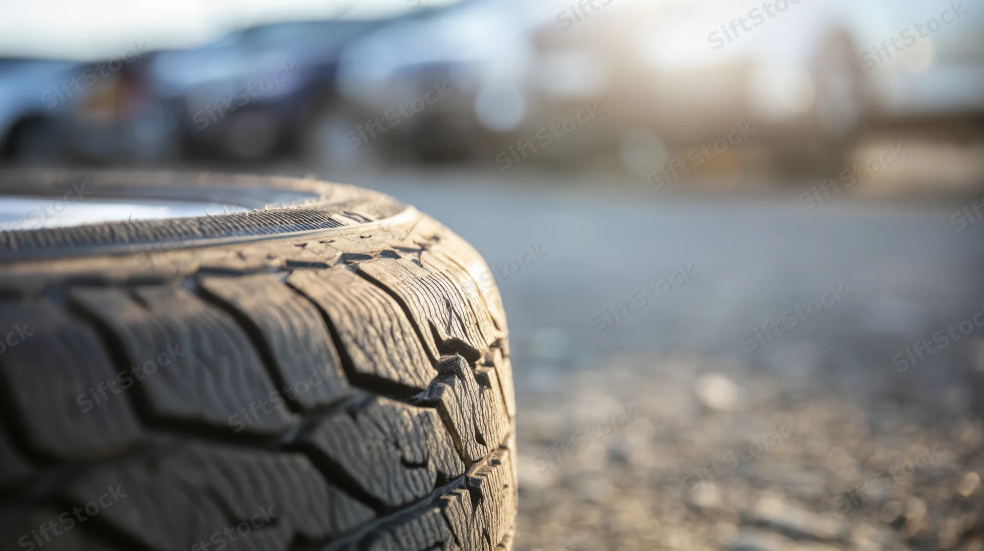 Closeup of a flat car tire on asphalt with blurred background and sunlight highlighting the tread wear