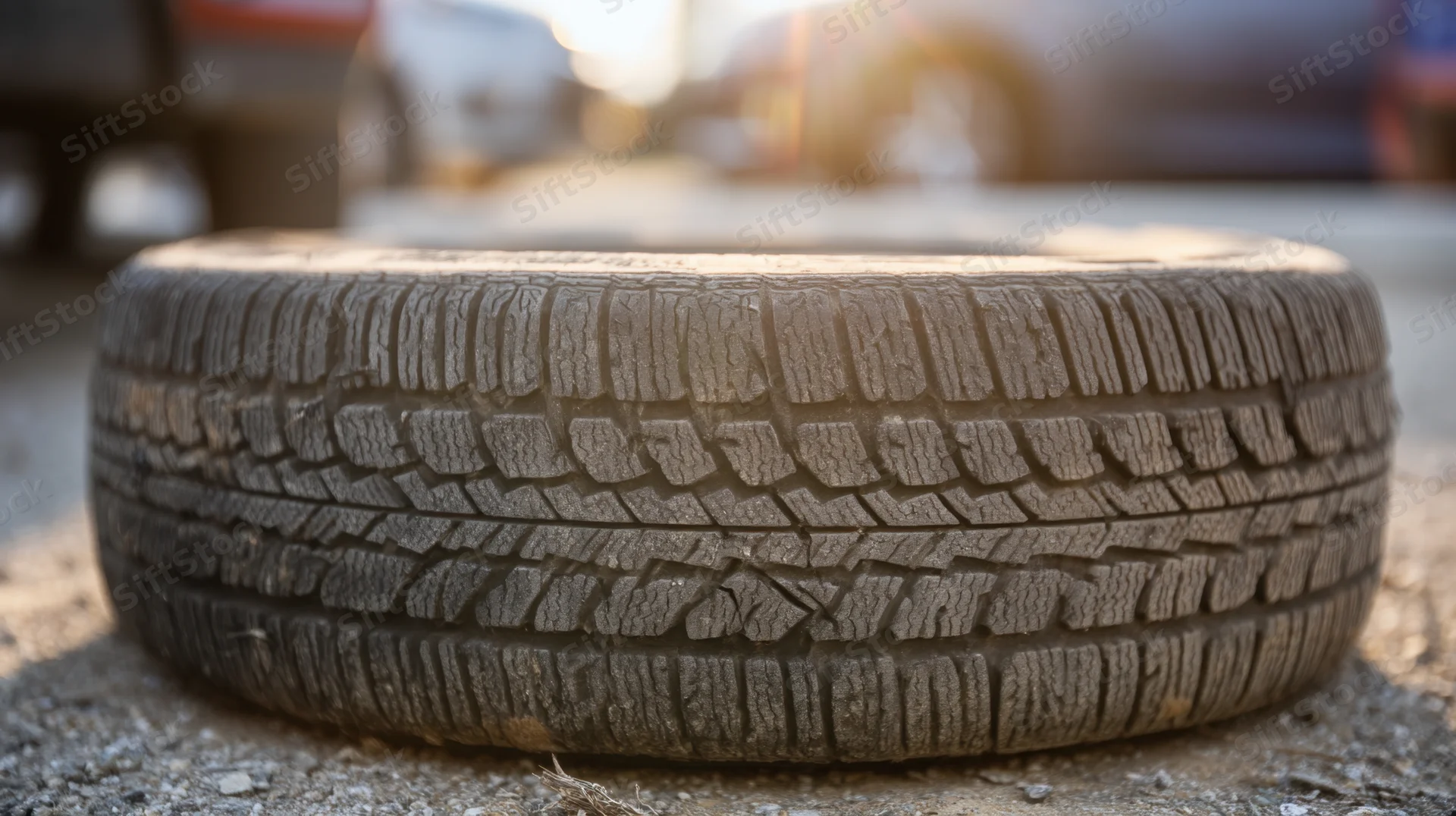 Flat worn car tire with cracked tread resting on gravel pavement in daylight
