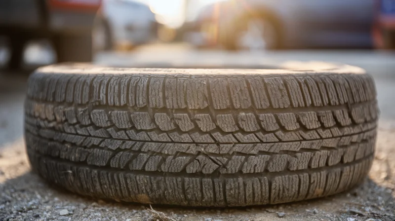 Flat worn car tire with cracked tread resting on gravel pavement in daylight