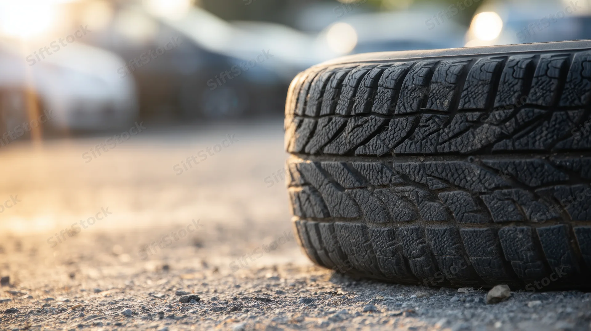 Closeup of a flat car tire resting on asphalt road surface