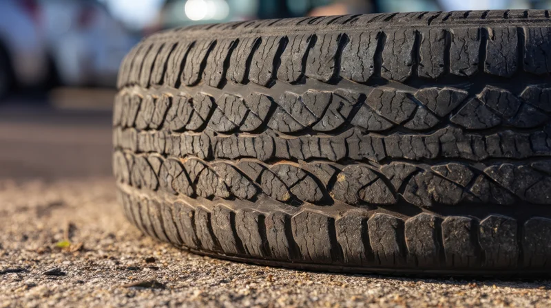 Flat car tire lying on asphalt road surface with worn tread pattern visible in close-up view