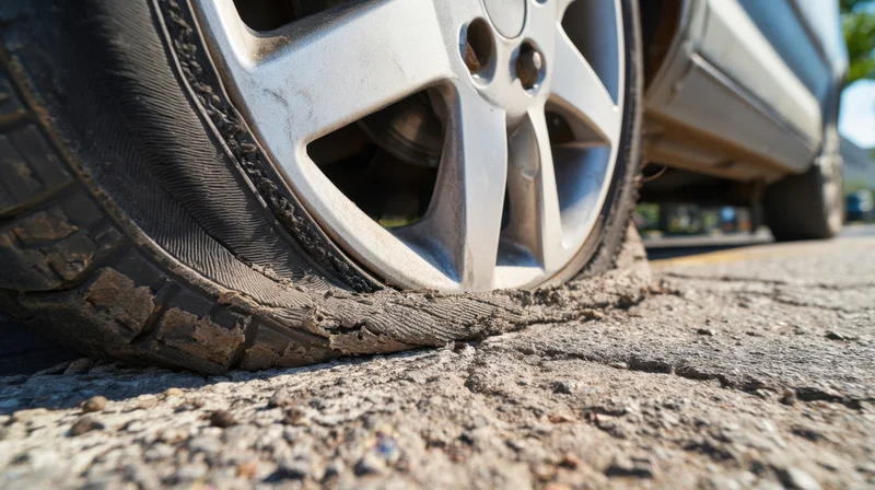 Flat tire on a silver alloy wheel resting on cracked asphalt road