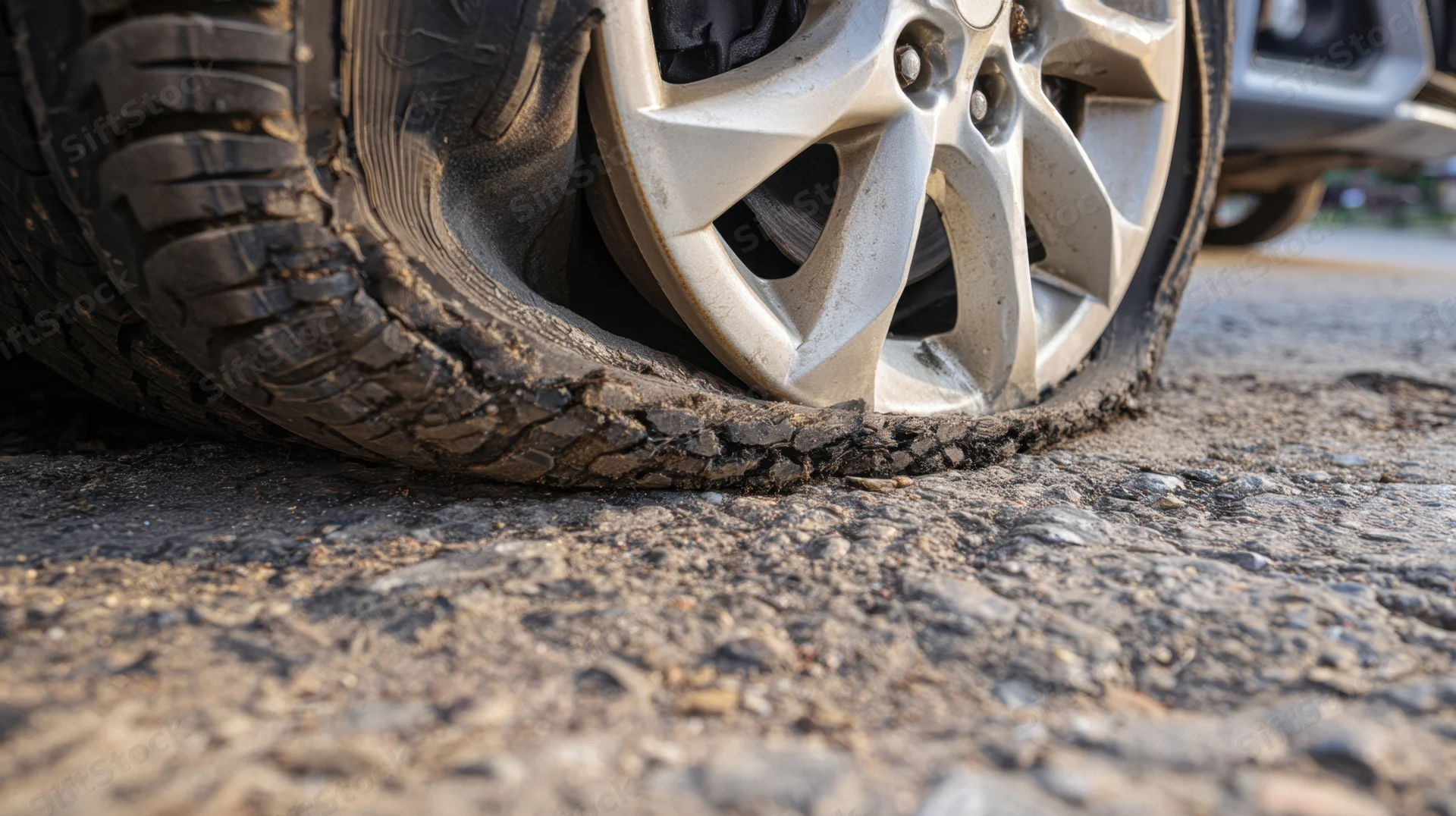 Flat tire on silver alloy wheel resting on cracked asphalt road