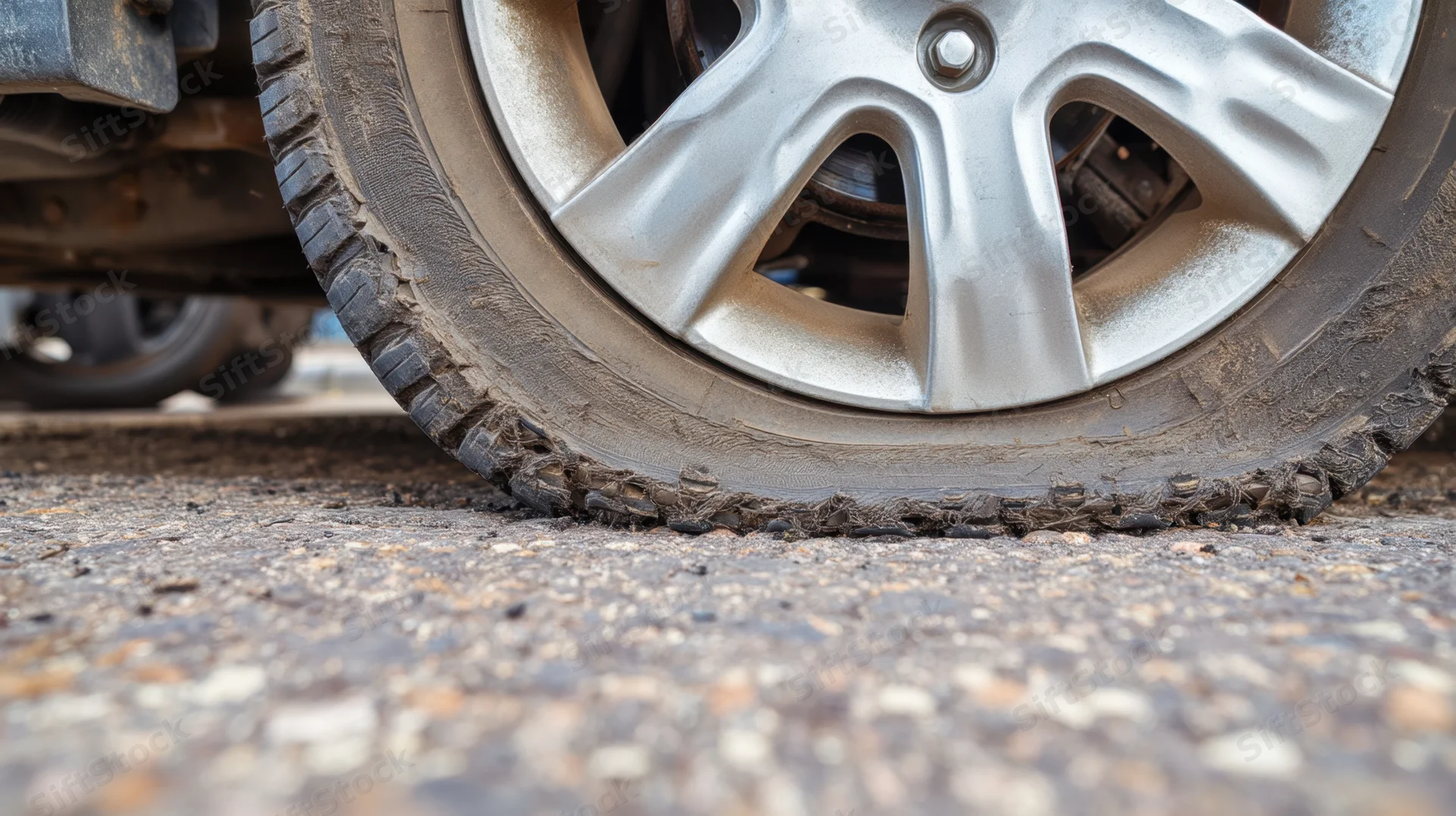 Flat tire on a silver alloy wheel resting on asphalt road surface