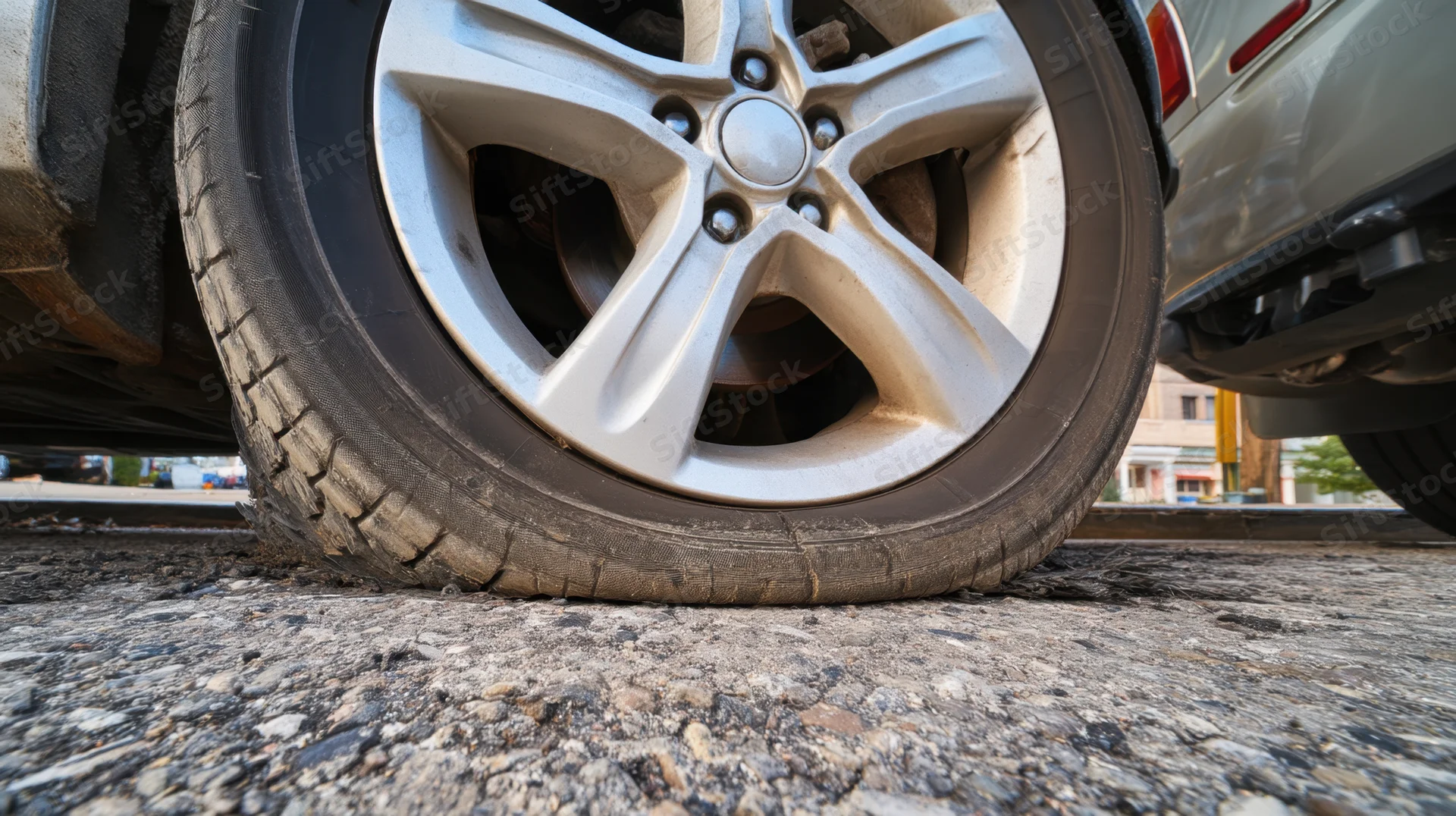 Flat tire on silver alloy wheel resting on cracked asphalt pavement
