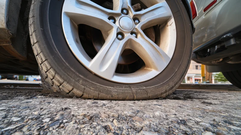 Flat tire on silver alloy wheel resting on cracked asphalt pavement