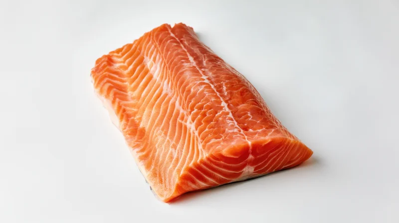 Fresh salmon fillet resting on a clean white surface
