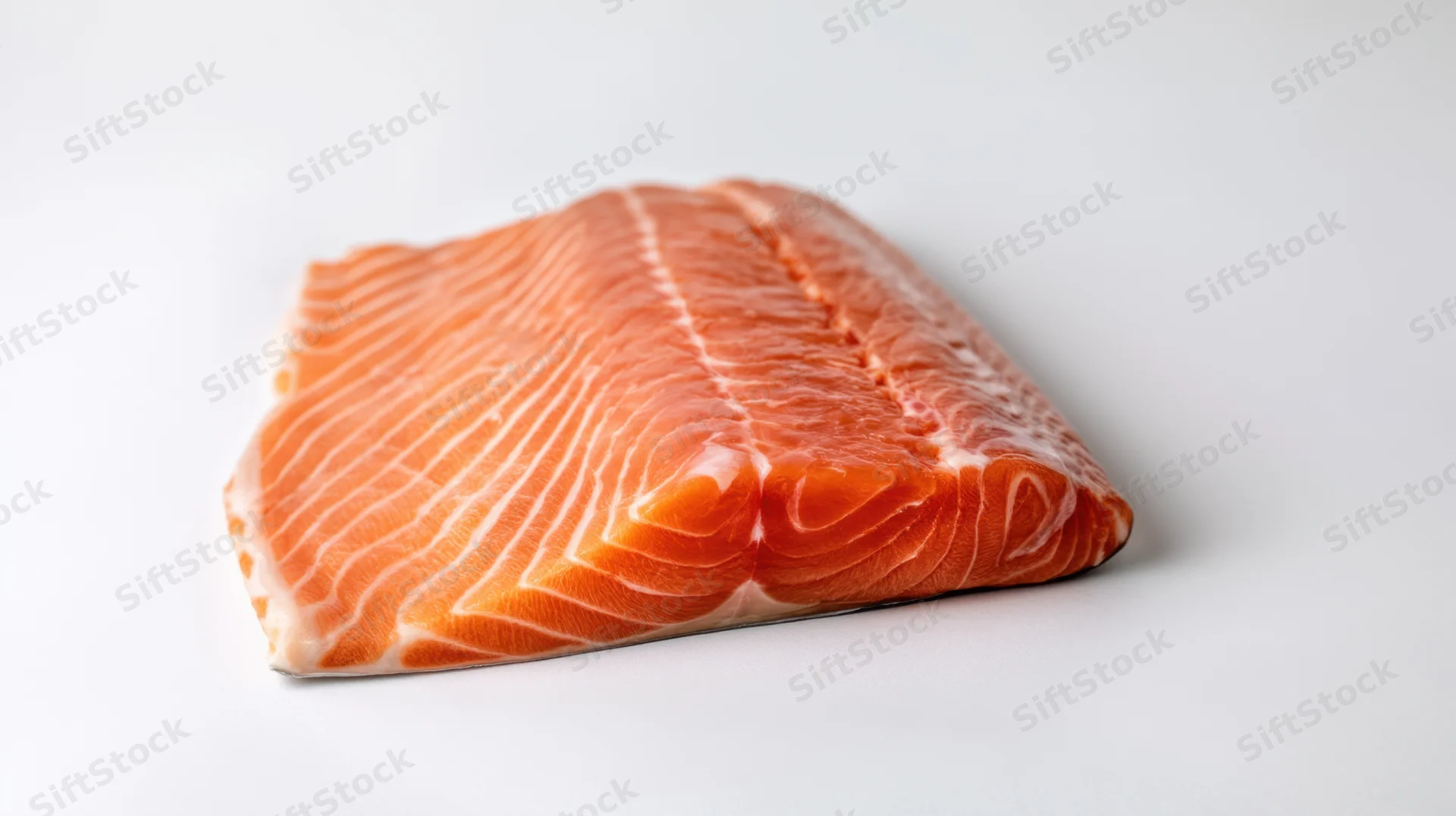 Fresh salmon fillet resting on a clean white surface