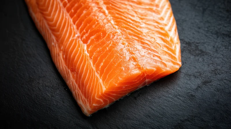Fresh salmon fillet resting on dark slate surface