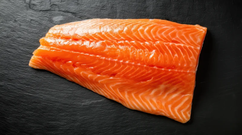 Fresh salmon fillet resting on dark slate surface