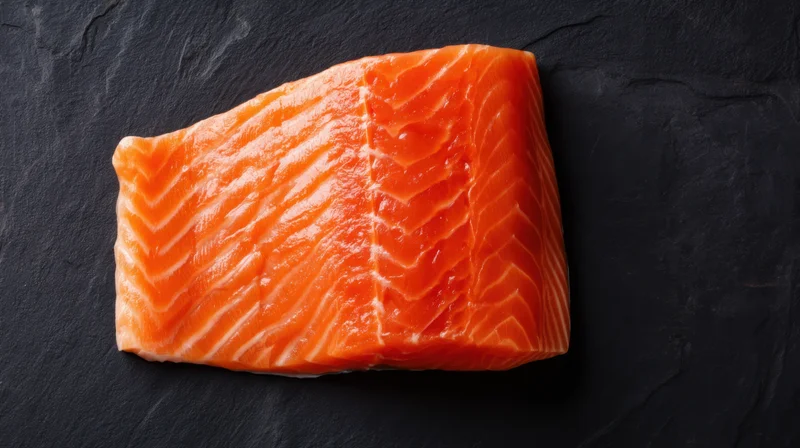 Fresh salmon fillet displayed on dark slate surface