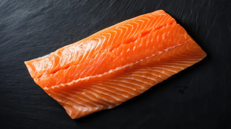 Fresh salmon fillet resting on dark slate surface