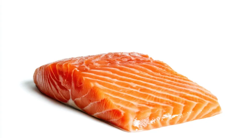 Fresh salmon fillet with vibrant orange color on white background