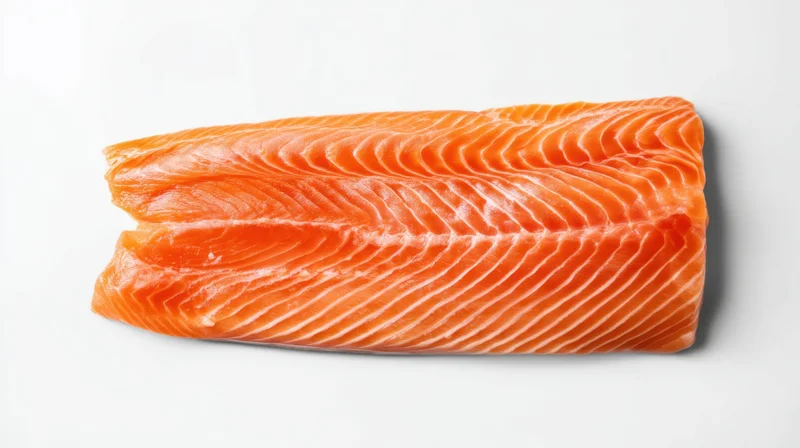 Fresh salmon fillet with vibrant orange flesh on white background