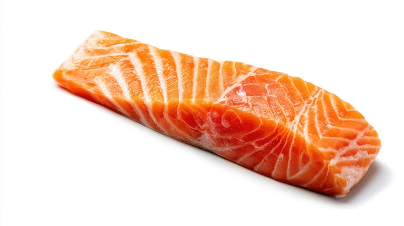 Fresh salmon fillet with vibrant orange flesh on white background