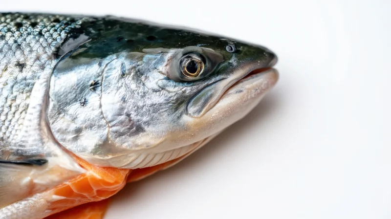 Fresh salmon fish head closeup on white background showing scales and orange flesh