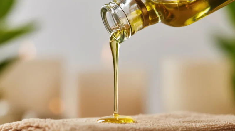 Glass bottle pouring golden massage oil onto a beige towel in a spa setting