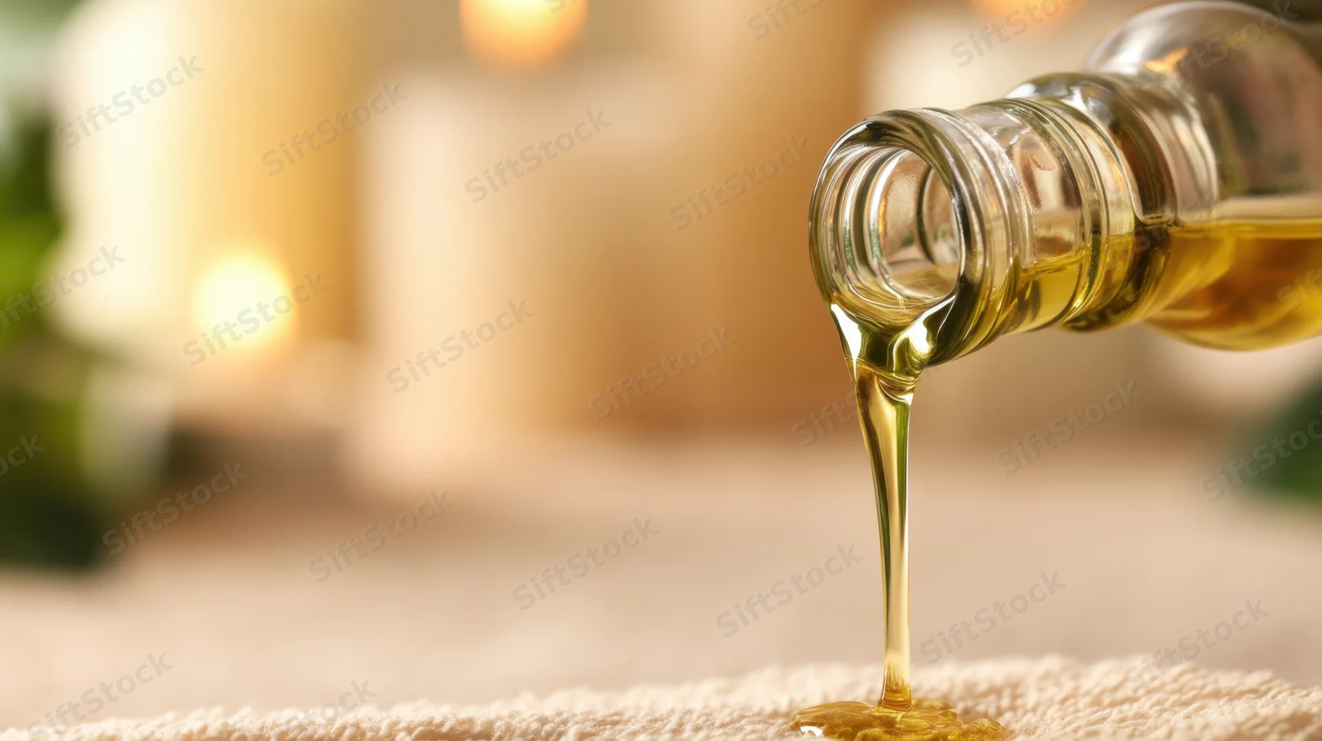 Glass bottle pouring golden massage oil onto a textured towel