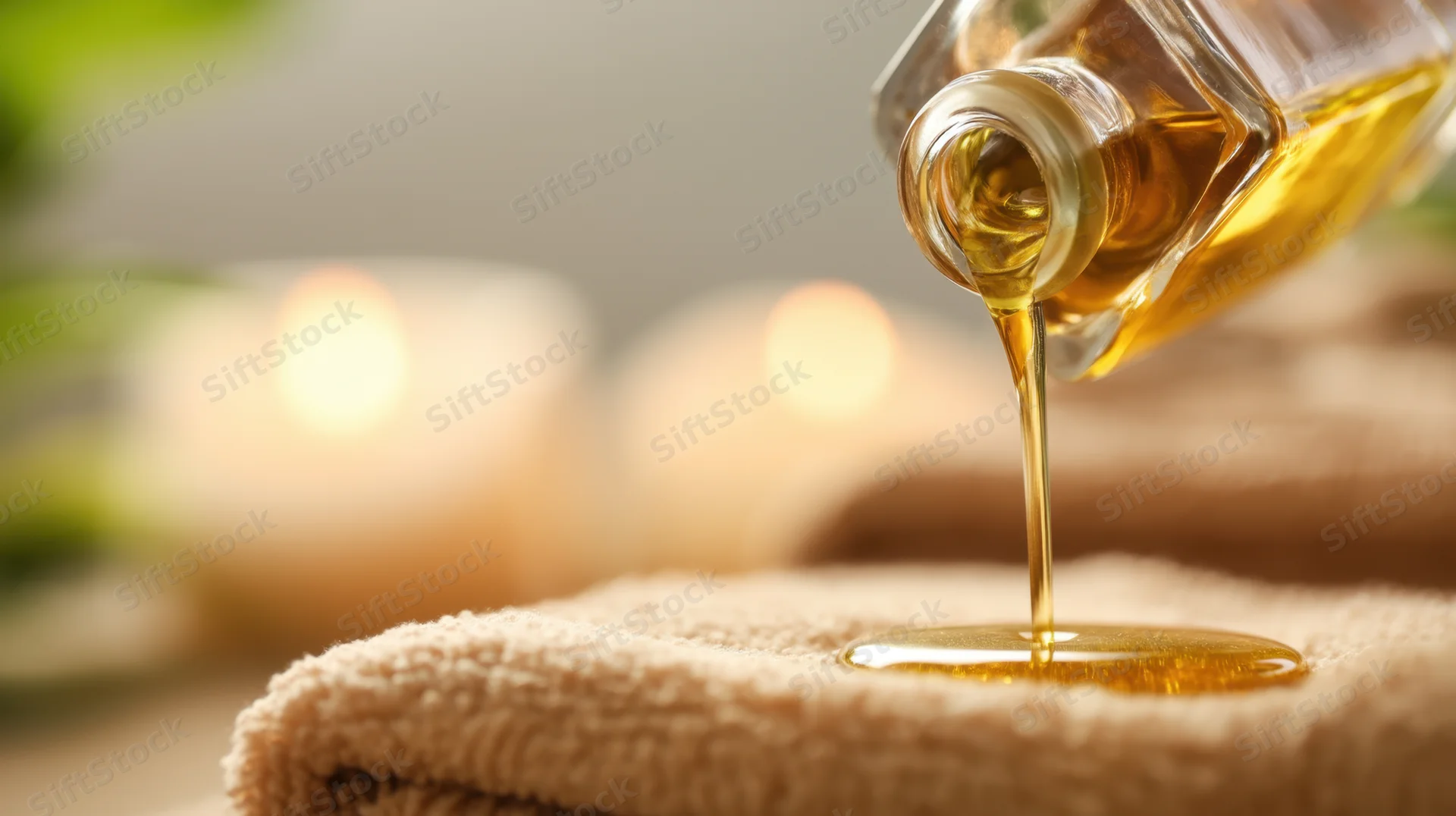 Glass bottle pouring golden massage oil onto folded towel in spa setting