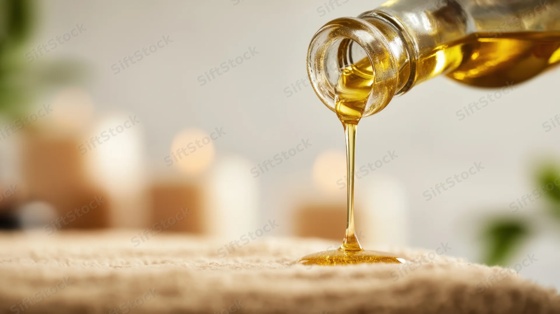 Glass bottle pouring golden massage oil onto a textured towel in a spa setting