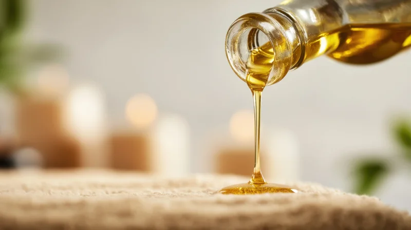 Glass bottle pouring golden massage oil onto a textured towel in a spa setting