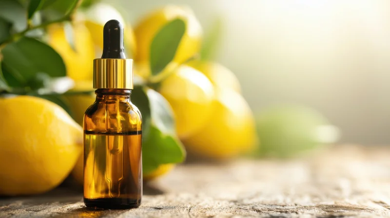 Amber glass dropper bottle filled with yellow oil placed on wooden surface beside fresh lemons and green leaves