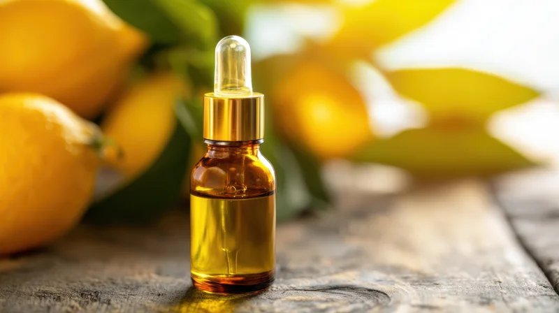 Amber glass dropper bottle filled with yellow essential oil on wooden surface with lemons and leaves in background