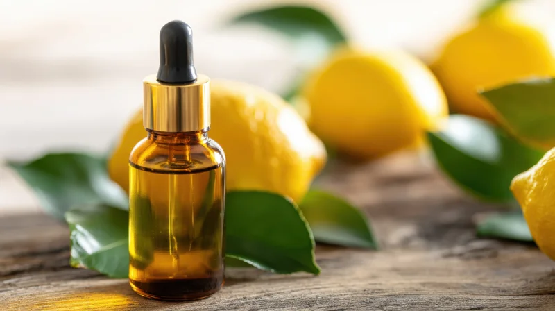 Amber glass dropper bottle with yellow oil surrounded by lemons and green leaves on wooden surface